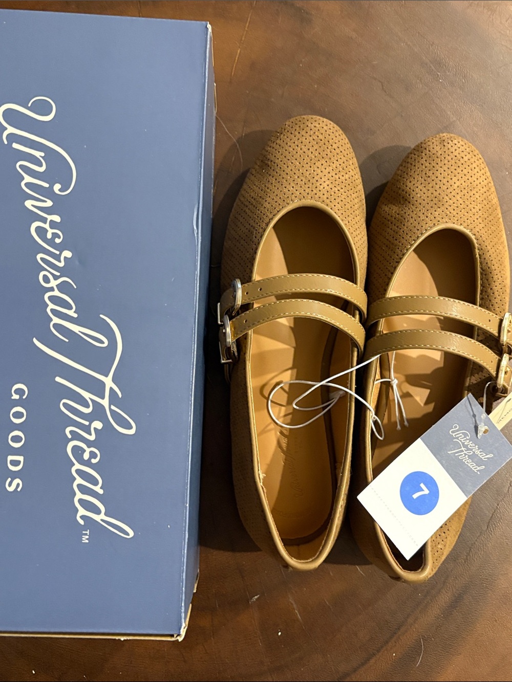 Universal Thread Tan Double-Strap Perforated Mary Jane Flats